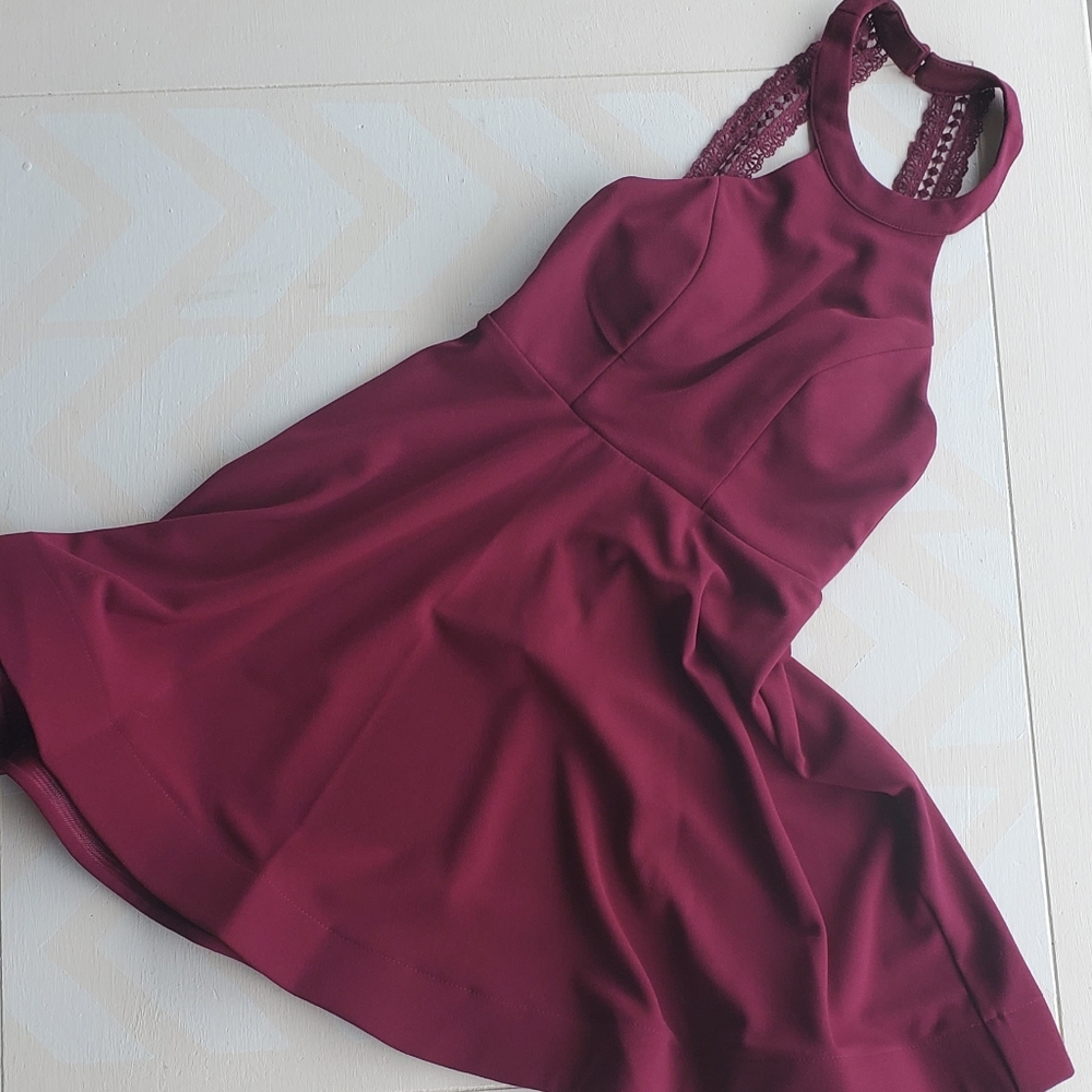 Burgundy cocktail homecoming formal dress lace crochet detail with skater skirt
